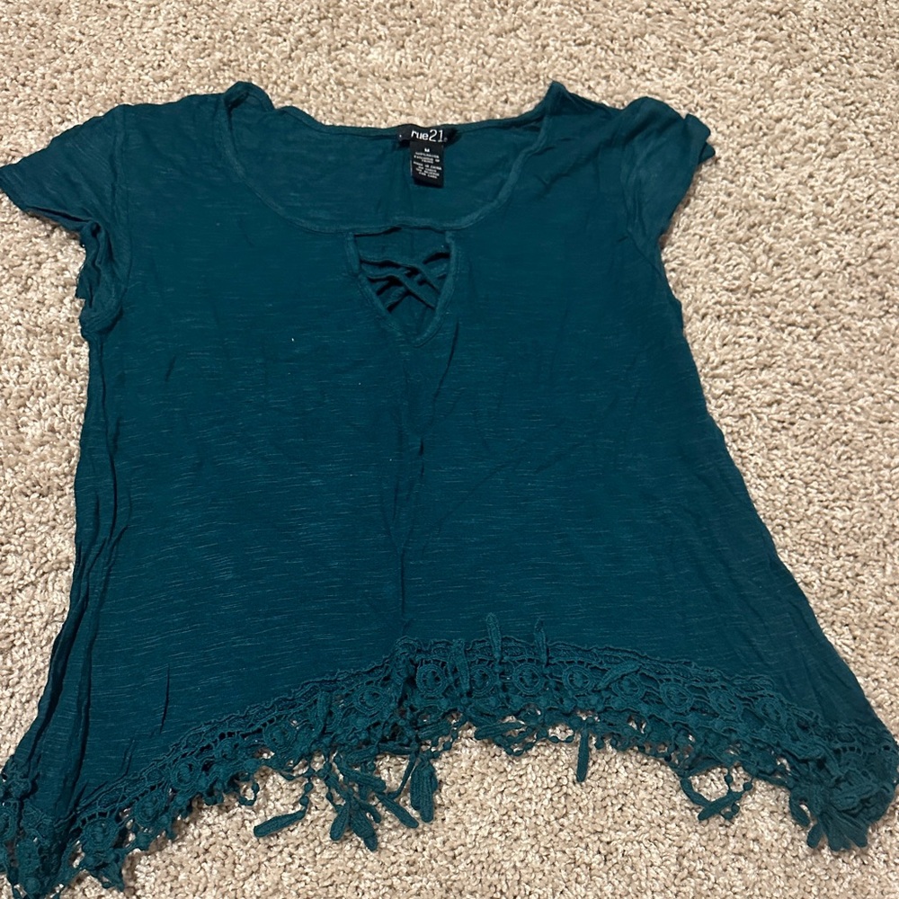 Forever 21 Teal Short Sleeve Top with Lace Hem